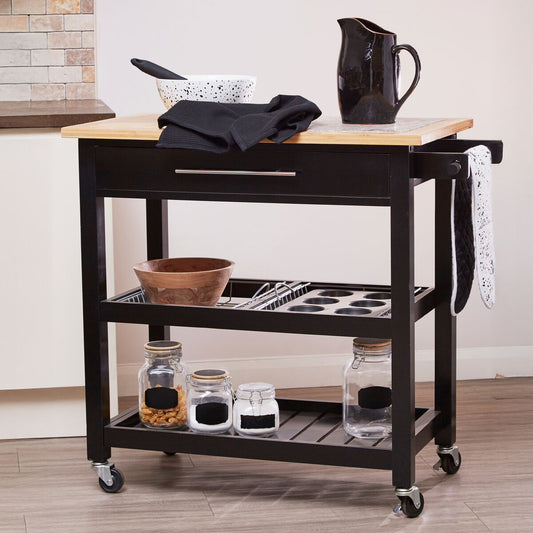 Black Kitchen Trolley with Granite Chopping Surface Glenn | Harlow