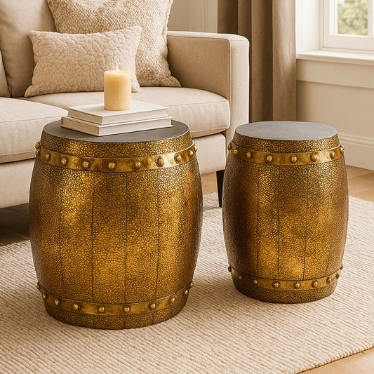 Gold Set of 2 Hammered Drum Stool and Table | Reza