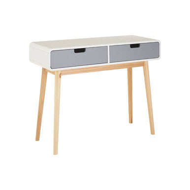 White Body Wooden Console Table with Grey Drawer Fronts and Natural Pine Wood Legs, Milo