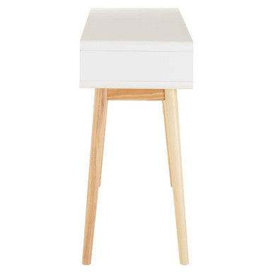White Body Wooden Console Table with Grey Drawer Fronts and Natural Pine Wood Legs, Milo