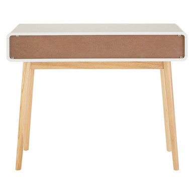 White Body Wooden Console Table with Grey Drawer Fronts and Natural Pine Wood Legs, Milo