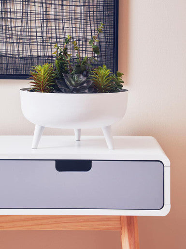 White Body Wooden Console Table with Grey Drawer Fronts and Natural Pine Wood Legs, Milo