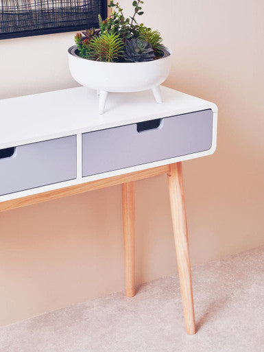 White Body Wooden Console Table with Grey Drawer Fronts and Natural Pine Wood Legs, Milo
