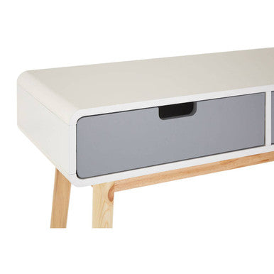 White Body Wooden Console Table with Grey Drawer Fronts and Natural Pine Wood Legs, Milo