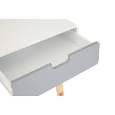 White Body Wooden Console Table with Grey Drawer Fronts and Natural Pine Wood Legs, Milo