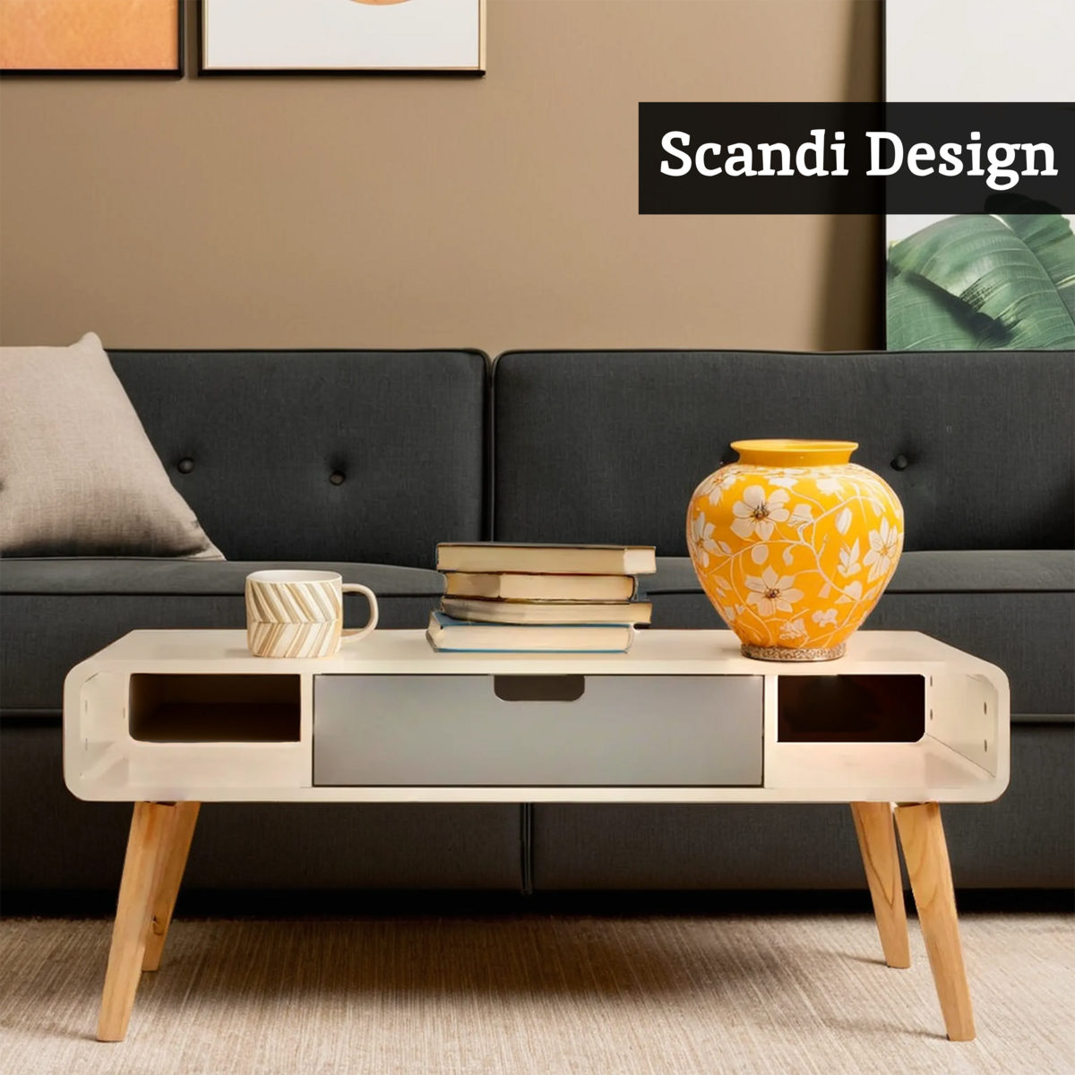 Scandinavian Style Grey White Wooden Coffee Table with Drawer and Open Shelves, Milo