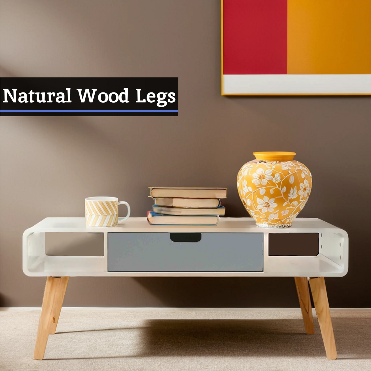 Scandinavian Style Grey White Wooden Coffee Table with Drawer and Open Shelves, Milo
