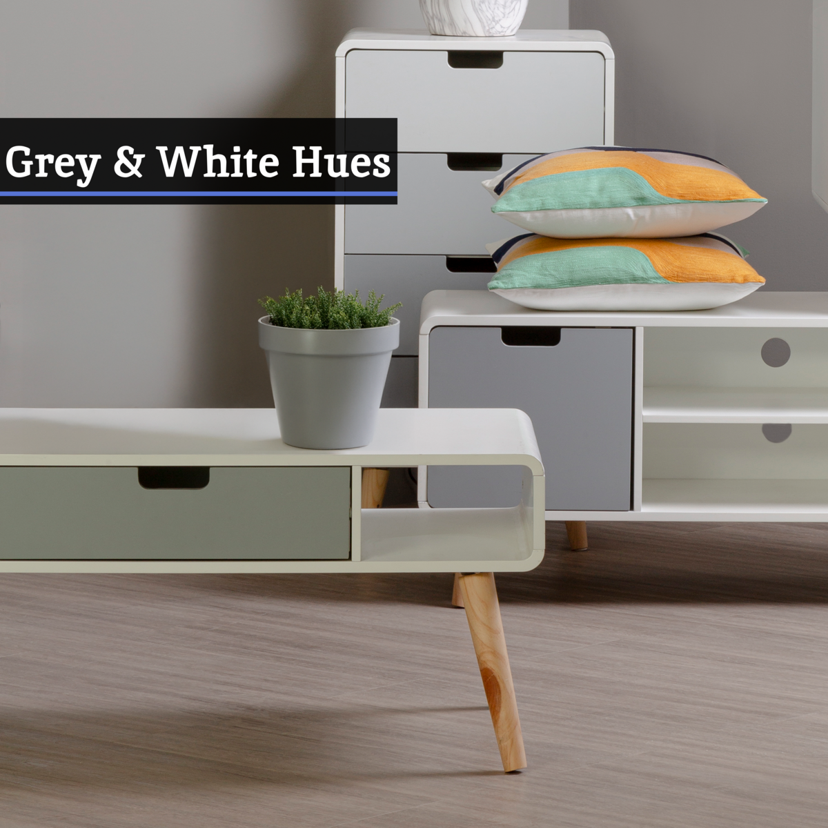 Scandinavian Style Grey White Wooden Coffee Table with Drawer and Open Shelves, Milo