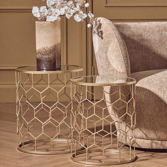 Arcana Champagne Finish Set of 2 Side Tables with Honeycomb Design