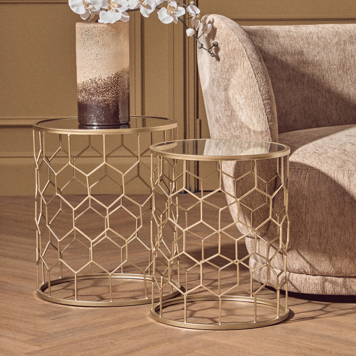 Set of 2 Mirrored Glass Top Honeycomb Side Tables with Gold Metal Frame, Arcana