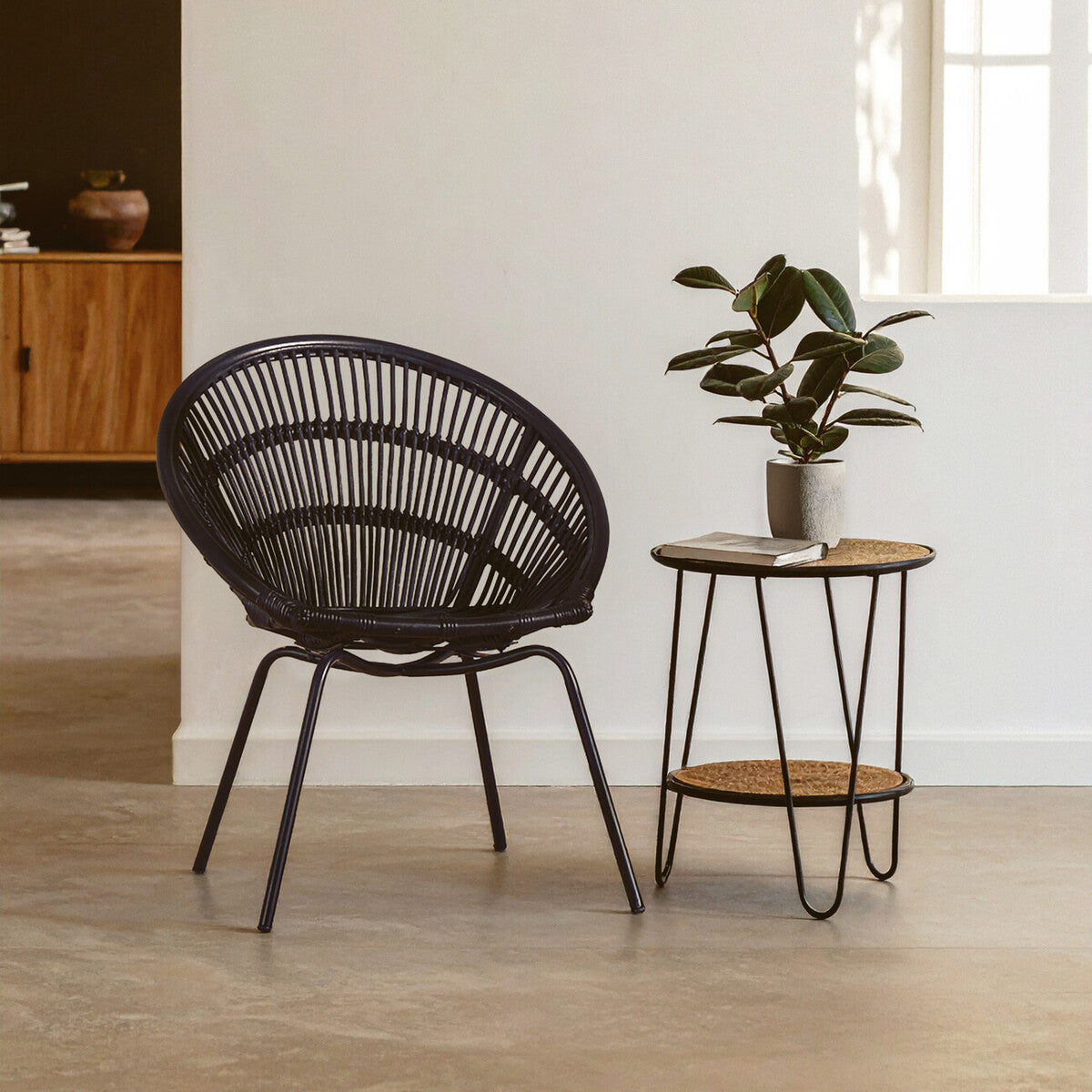 Lagom Black Natural Rattan Chair with Iron Legs