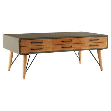 Grey Steel Frame and Natural Wooden Coffee Table with Six Drawers, Trinity