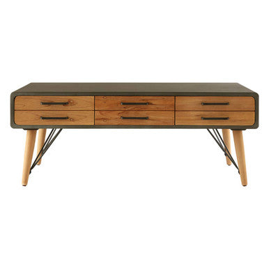 Grey Steel Frame and Natural Wooden Coffee Table with Six Drawers, Trinity