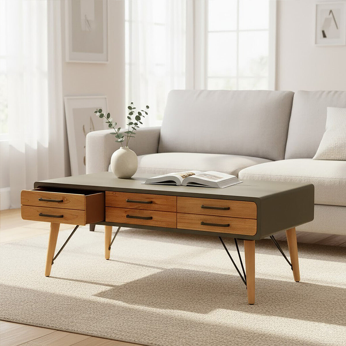 Grey Steel Frame and Natural Wooden Coffee Table with Six Drawers, Trinity