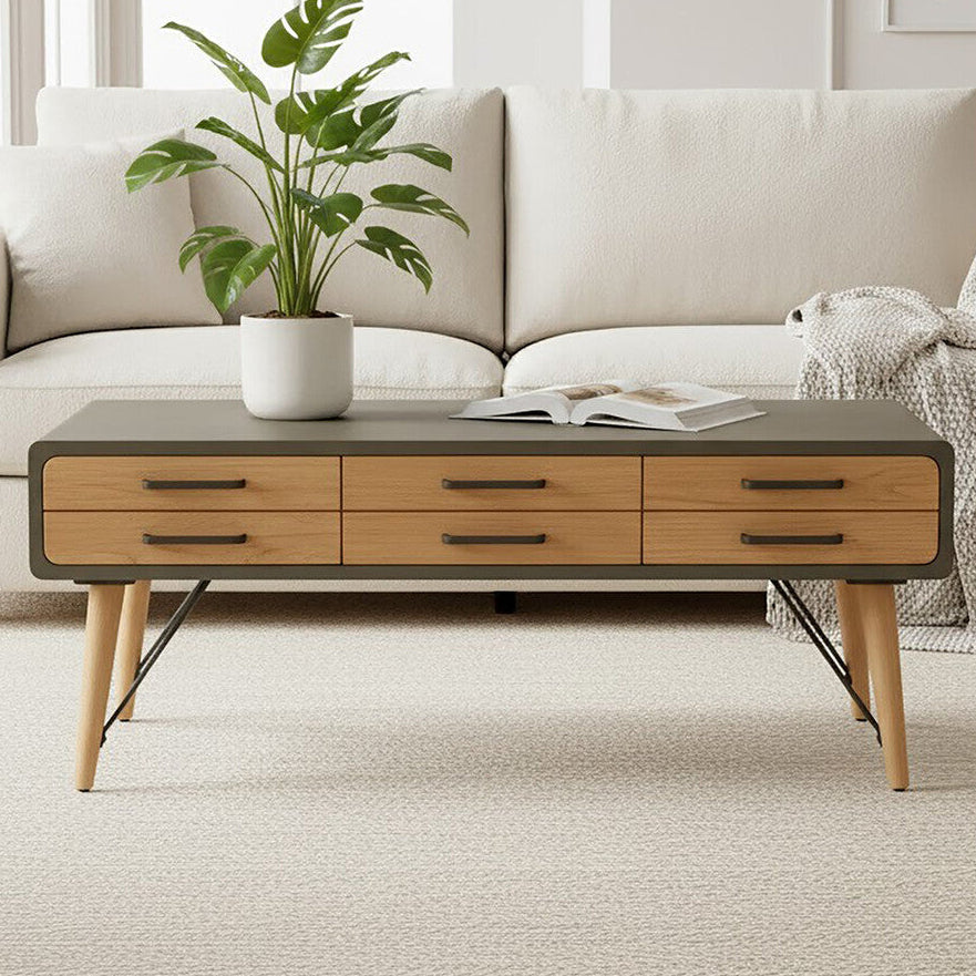Grey Steel Frame and Natural Wooden Coffee Table with Six Drawers, Trinity