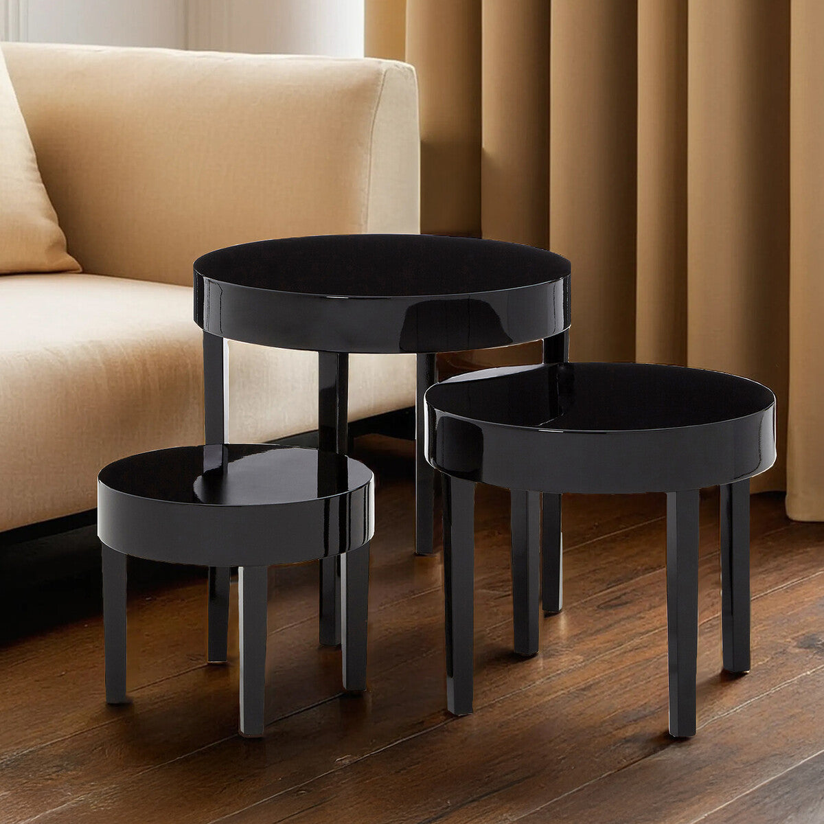 Moritz Black High Gloss Finish Set of 3 Round Side Tables