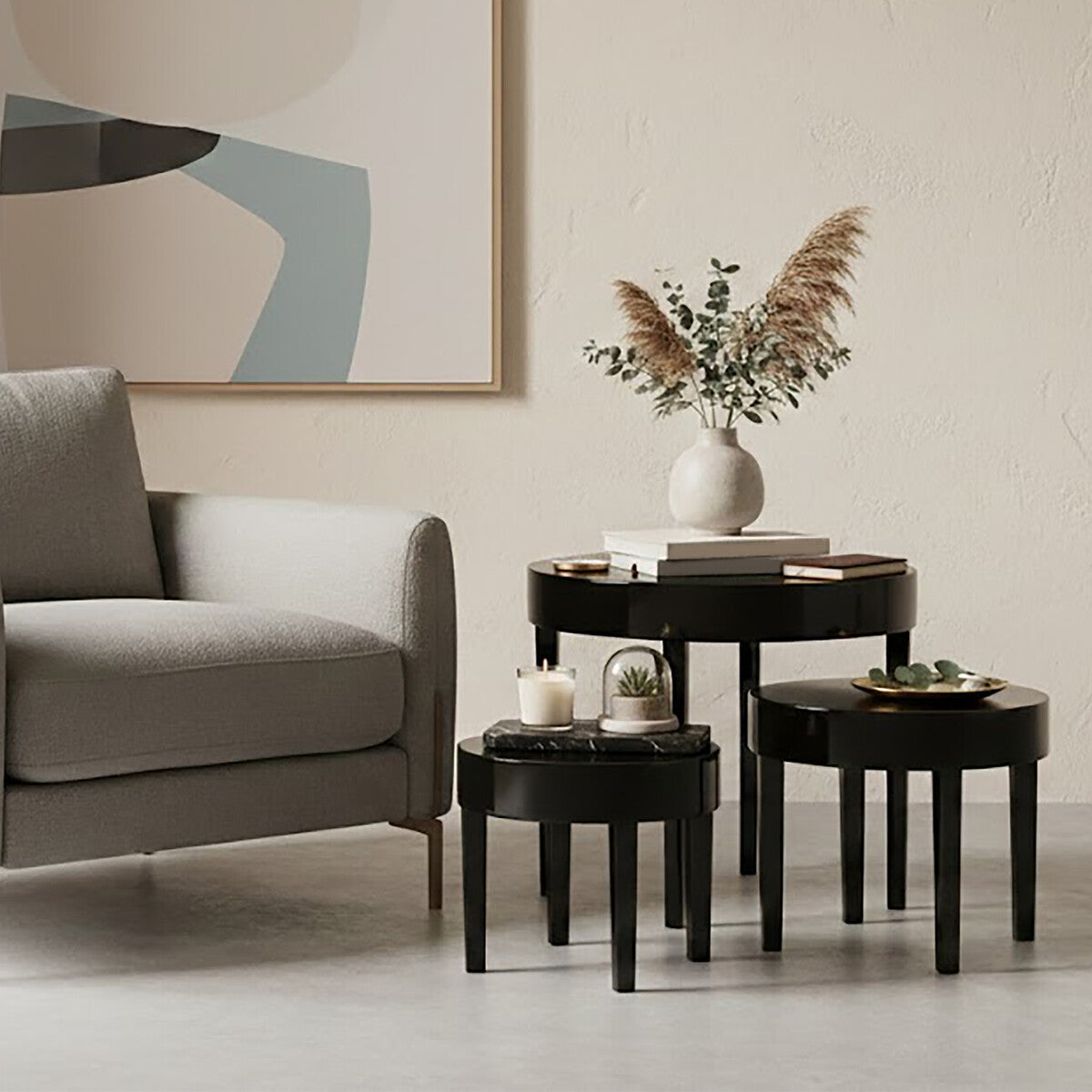 Moritz Black High Gloss Finish Set of 3 Round Side Tables