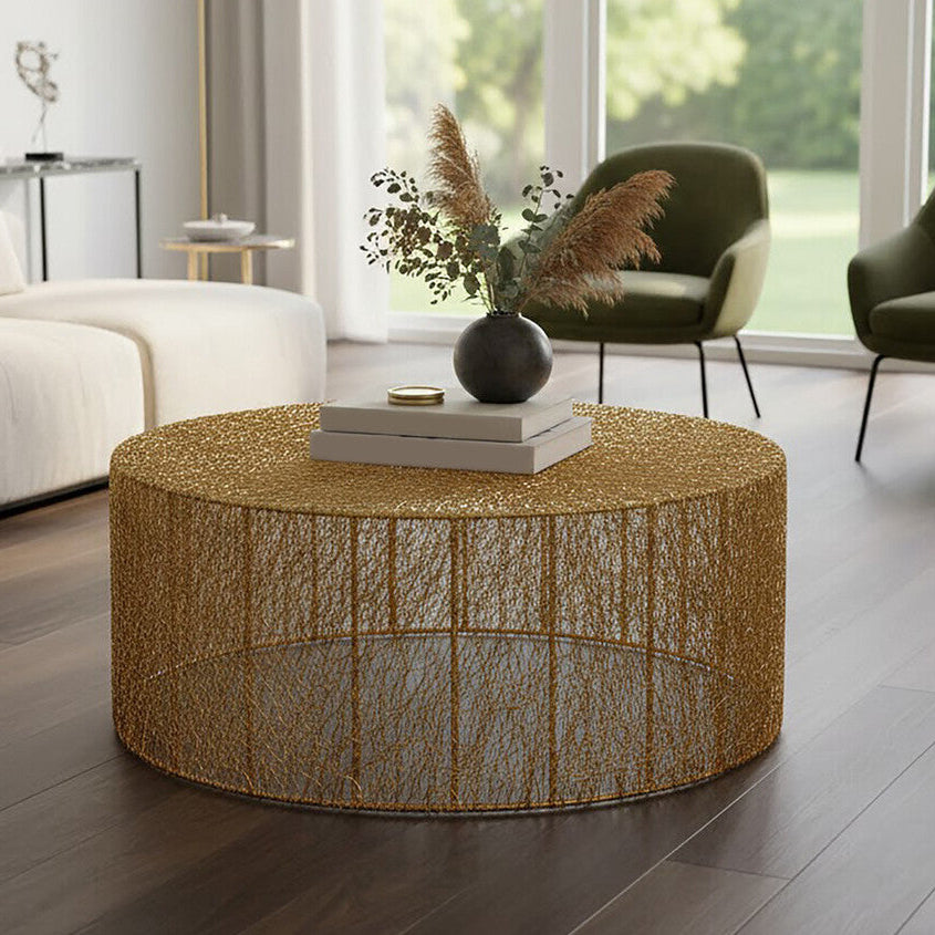 Gold Circular Iron Coffee Table with Gold Finish Vertical Line Frame, Templar