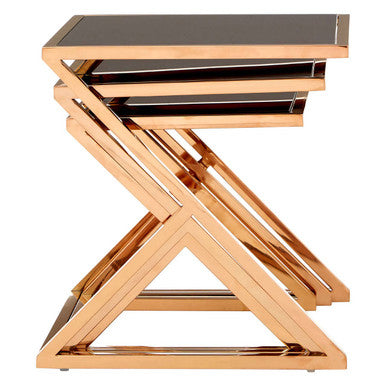 Ackley Rose Gold Finish Set Of 3 Nesting Tables With Black Glass