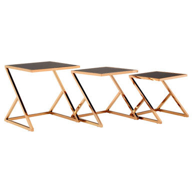 Ackley Rose Gold Finish Set Of 3 Nesting Tables With Black Glass