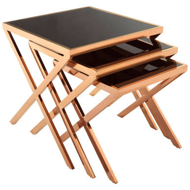Ackley Rose Gold Set Of 3 Nesting Tables With Black Glass