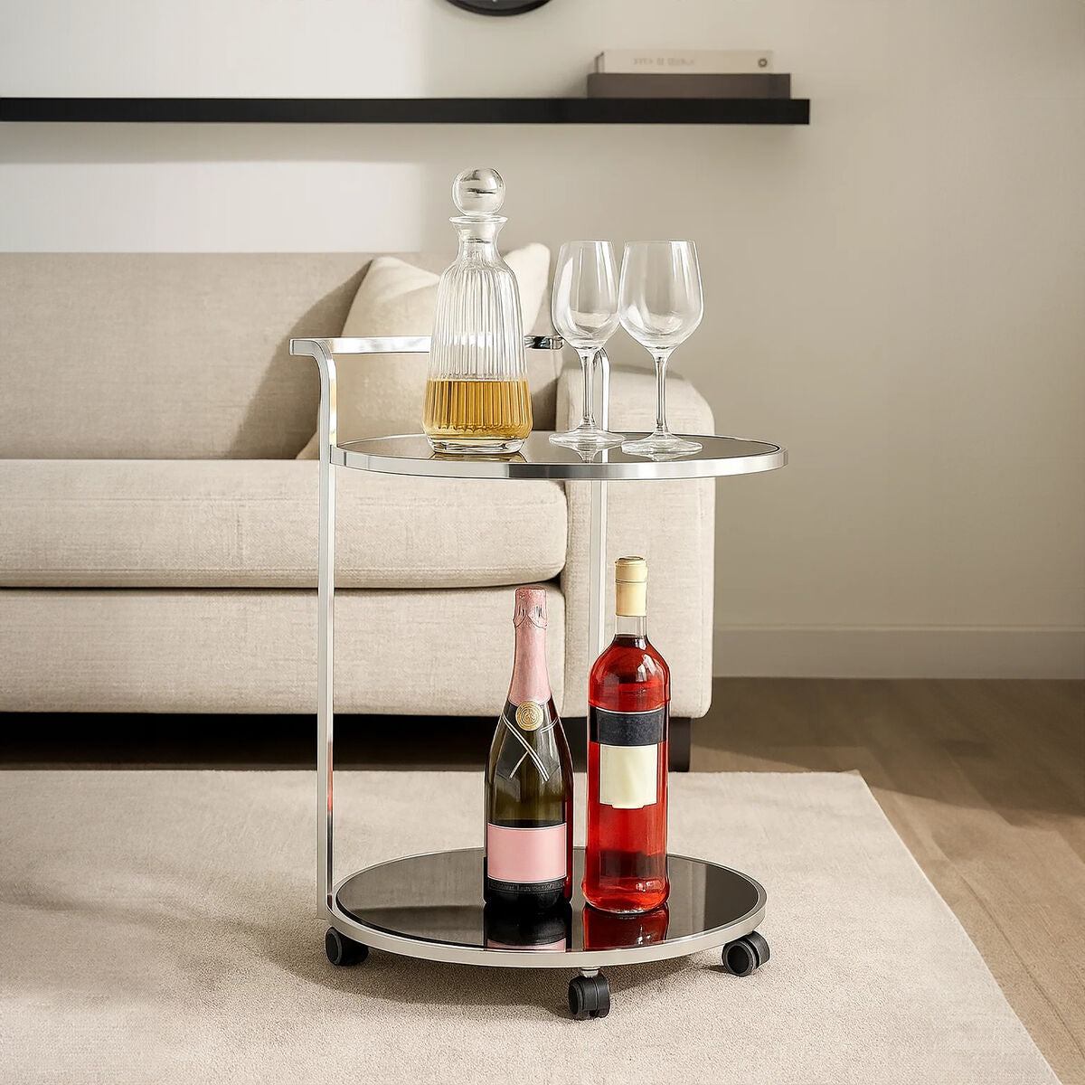 Ackley Black Glass and Chrome Finish 2 Tier Drinks Trolley