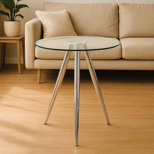 Silver Round Glass Top Bar Table with Chrome Legs, Barton