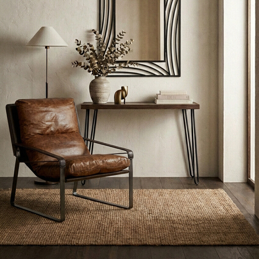 Natural Veneer Wooden Top Console Table with Hairpin Metal Legs, Borough