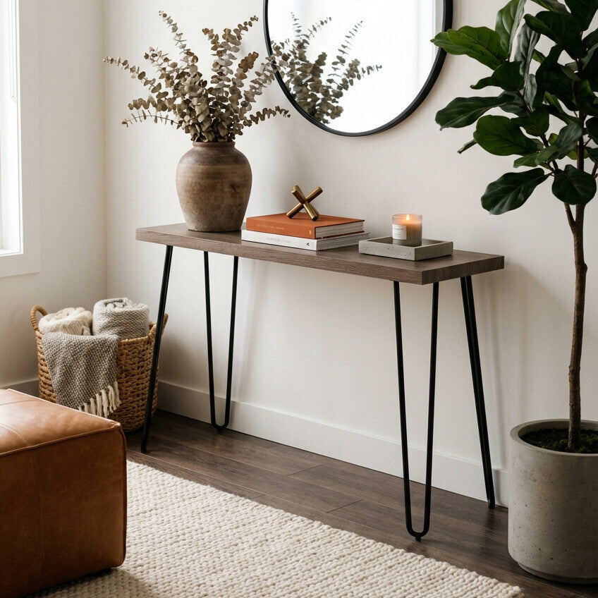Natural Veneer Wooden Top Console Table with Hairpin Metal Legs, Borough