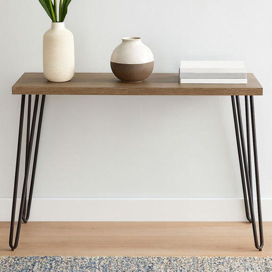 Natural Veneer Wooden Top Console Table with Hairpin Metal Legs, Borough