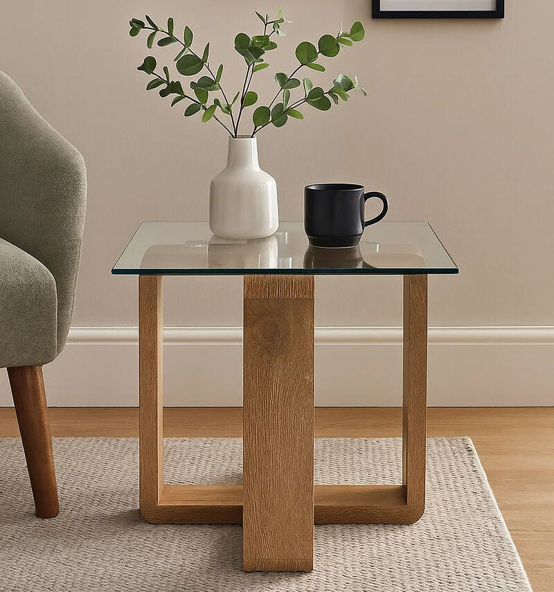 Barton Glass Side Table with Wood Effect Legs