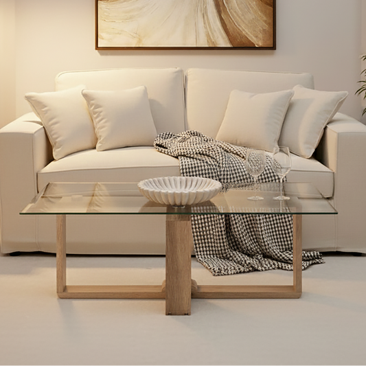 Glass Top Coffee Table with Natural Wood Effect Legs, Barton
