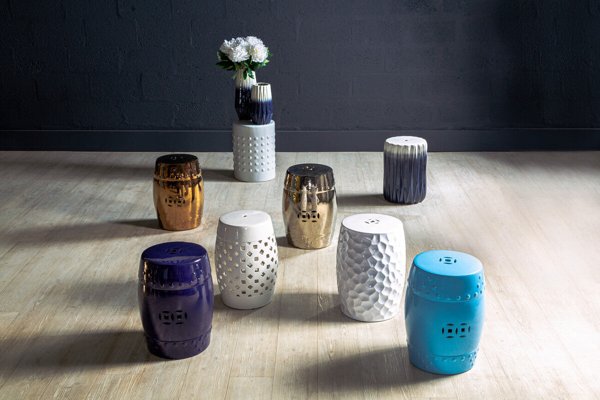 Ombre Blue and White Ceramic Side Table and Stool with Fluted Texture, Azul