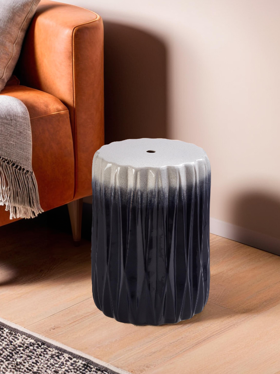 Ombre Blue and White Ceramic Side Table and Stool with Fluted Texture, Azul