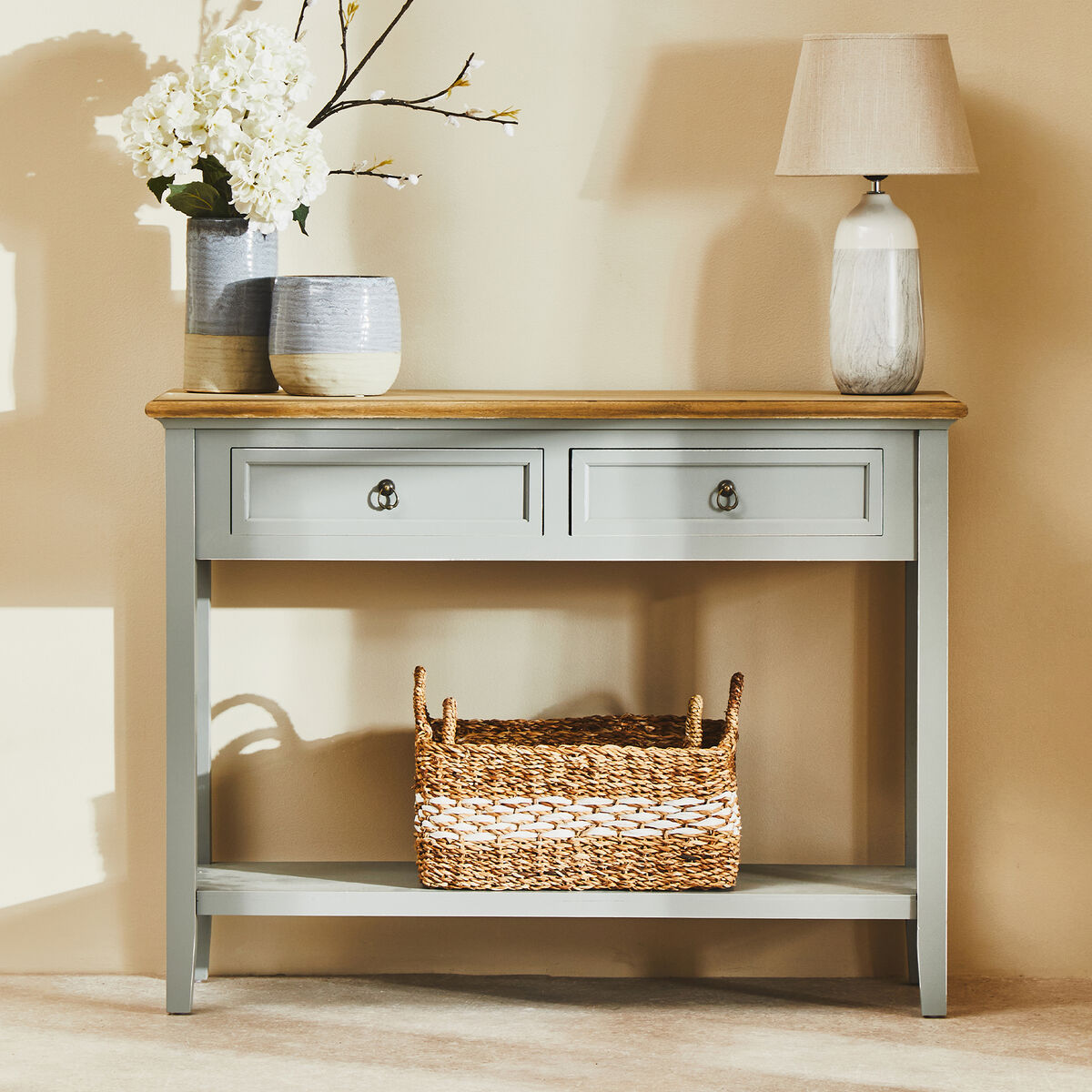 Henley Antique Grey Finish Wooden 2 Drawer Console Table