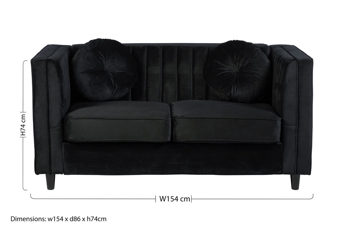 Farah Black Velvet 2 Seater Sofa with Pleated Detail