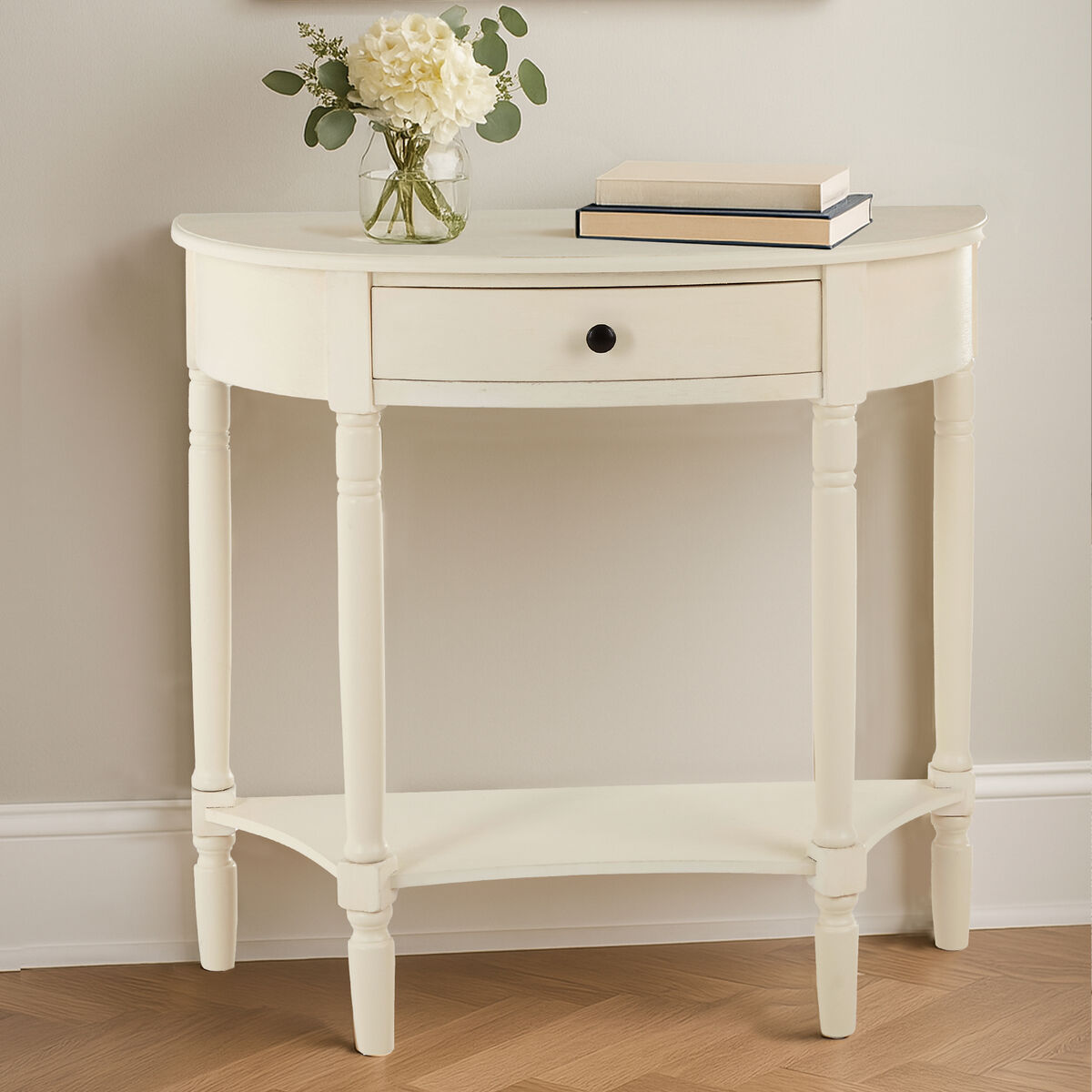White Semi Circular Top Wooden One-Drawer Console Table with Lower Storage Shelf, Heritage