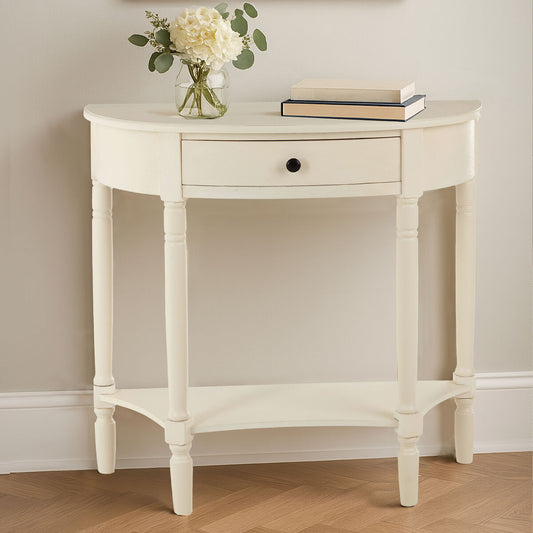 White Semi Circular Top Wooden One-Drawer Console Table with Lower Storage Shelf, Heritage