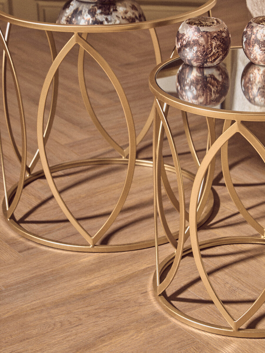 Set of 2 Gold Finish Metal Frame and Mirrored Top Side Tables, Arcana