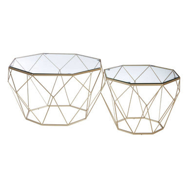 Arcana Champagne Finish Set of 2 Side Tables with Glass Tops