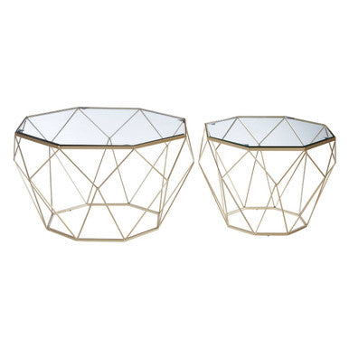 Arcana Champagne Finish Set of 2 Side Tables with Glass Tops