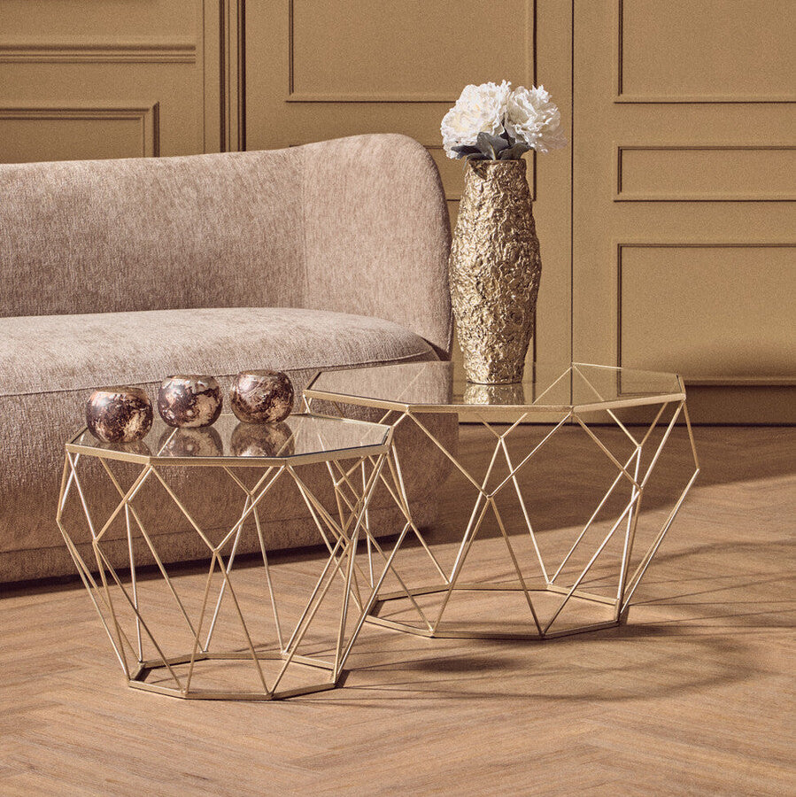 Arcana Champagne Finish Set of 2 Side Tables with Glass Tops