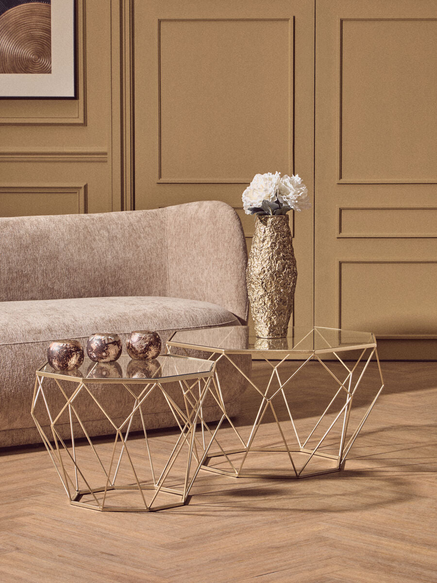 Set of 2 Gold Finish Geometric Design Side Tables with Tempered Glass Top, Arcana