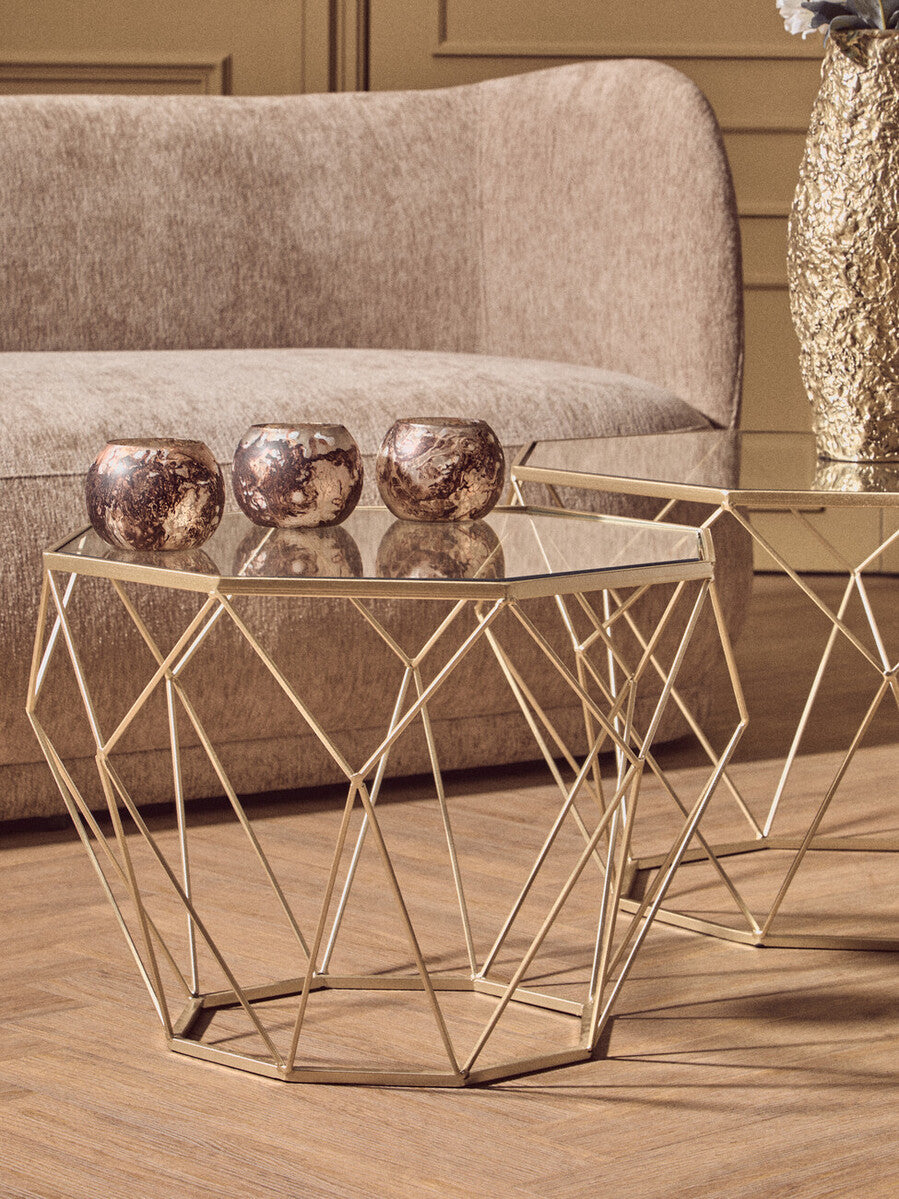 Arcana Champagne Finish Set of 2 Side Tables with Glass Tops