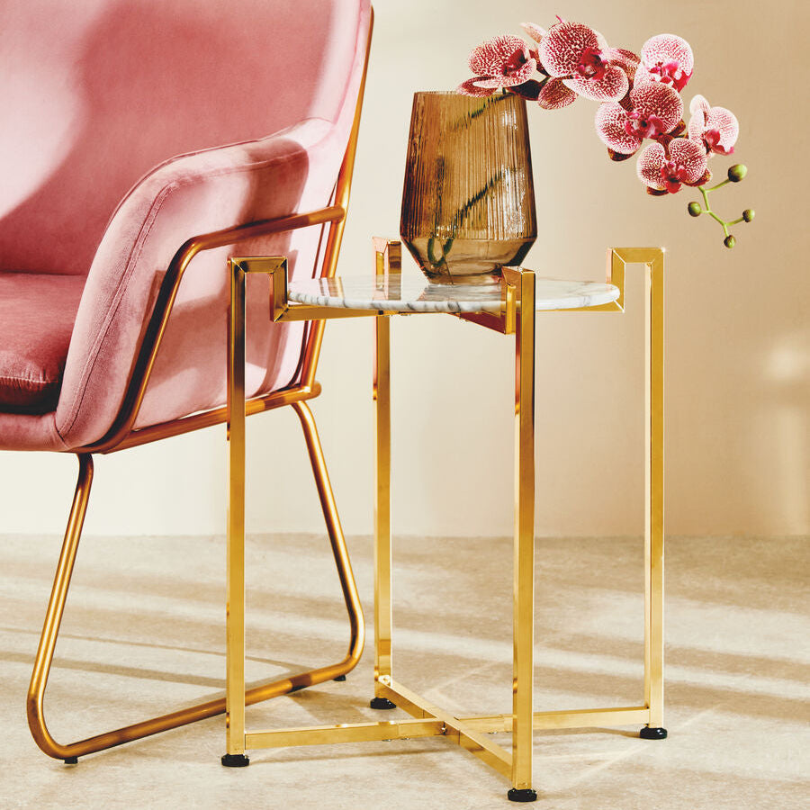 Cibal White Marble Side Table with Gold Finish Base