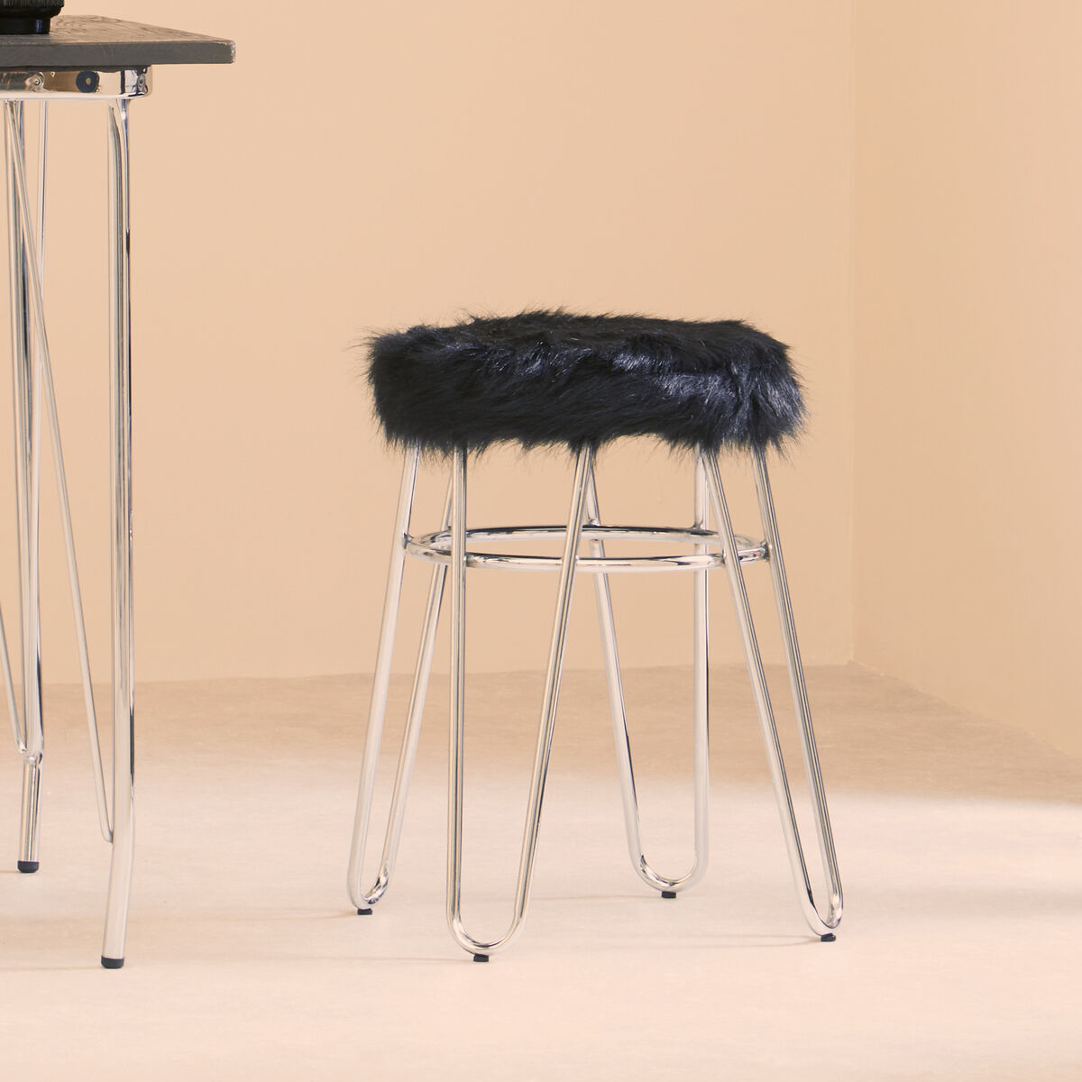 District Black Faux Fur Stool