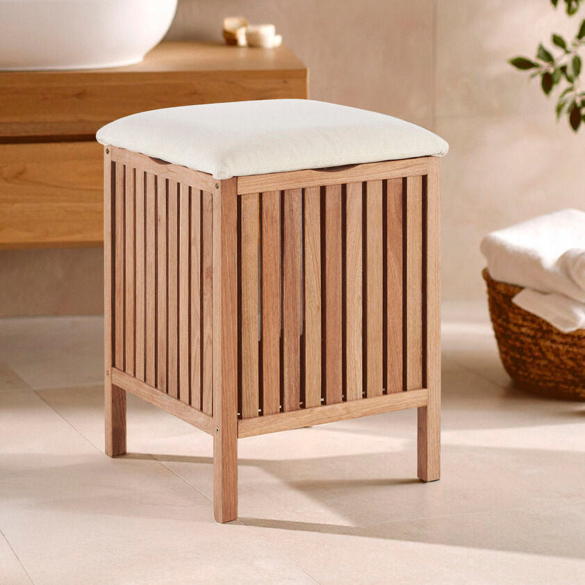 Walnut Natural Wood Storage Stool with Slatted Seat