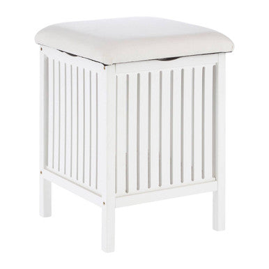Salon White Fabric Storage Stool with Wood Frame