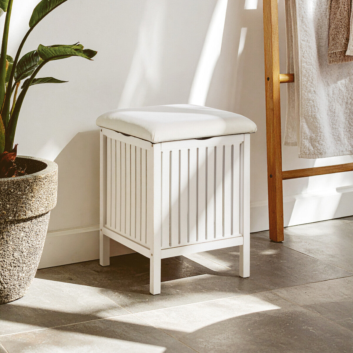Salon White Fabric Storage Stool with Wood Frame