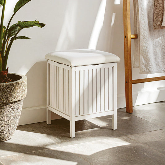 Salon White Fabric Storage Stool with Wood Frame